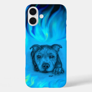 Coques iPhone 16 Plus Chiots Staffy Bleu