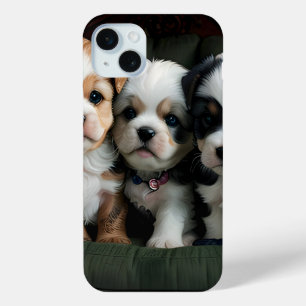 Coque iPhone 15 Mini Chiots super mignons sur le canapé 2