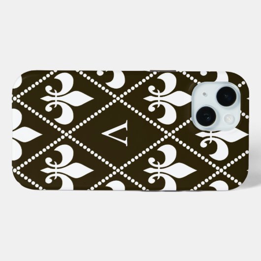 Coques Case-Mate iPhone Chocolat Fleur de Lis avec monogramme (Verso (horizontal))