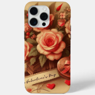 Coque iPhone 15 Pro Max Chocolats et fleurs de la Saint-Valentin vintage