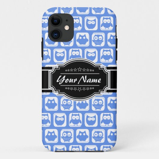 Coques Case-Mate iPhone Chouette bleue Noir Nom personnalisé (Dos)