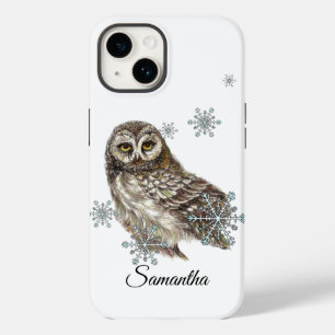 Coque Pour iPhone 14 Chouette d'aquarelle noire et blanche Snowflakes d