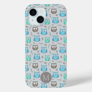 Coque Pour iPhone 15 Chouette gris bleu mou Motif Monogramme