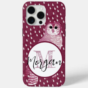Coque iPhone 15 Pro Max Chouette monogramme rose Damask Personnalisée
