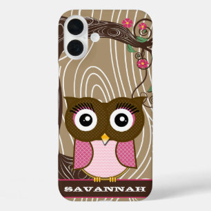 iPhone 16 Plus Case Chouette rose Arbre à grains de bois Zig Zag Chois