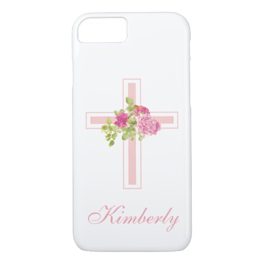 Coques Case-Mate iPhone Chrétien Croix rose Roses Floral Monogramme (Dos)