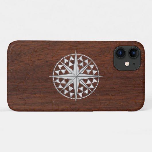 Coques Case-Mate iPhone Chrome Compas nautique sur Wet Mahogany Imprimer (Dos (Horizontal))