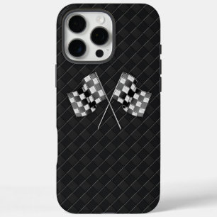 Coques iPhone 16 Pro Max Chrome Racing drapeaux sur À damiers cuir