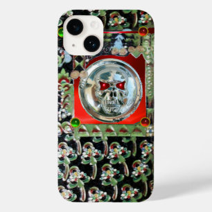 Coque Pour iPhone 14 CHROME SKULL BLACK GREEN RED GEM PIERRES Damask
