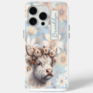 Coque iPhone 15 Pro Max Chute Florale Vache Highland