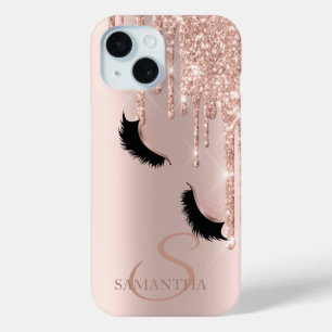 Coque Pour iPhone 15 Cils Postiches Pailletés Rose Gold Gouttes 