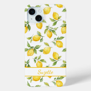 Coque iPhone 15 Mini Citron en aquarelle monogrammé