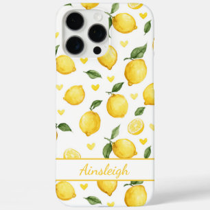 Coques iPhone 16 Pro Max Citrons à l'aquarelle avec monogramme cœurs