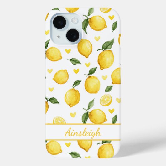 Coques Case-Mate iPhone Citrons à l'aquarelle avec monogramme cœurs (Verso)