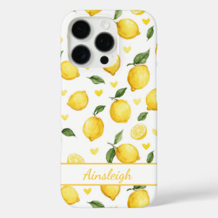 Coques iPhone 16 Pro Citrons à l'aquarelle avec monogramme cœurs