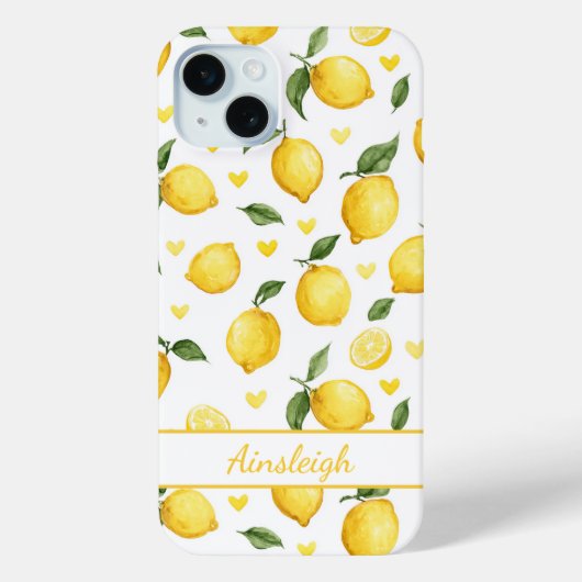 Coques Case-Mate iPhone Citrons à l'aquarelle avec monogramme de cœurs (Verso)
