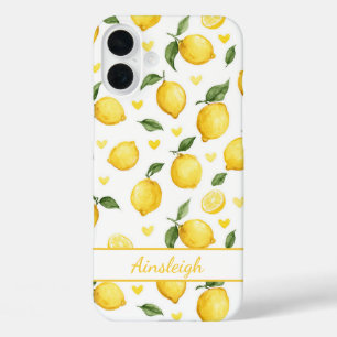 Coques iPhone 16 Plus Citrons à l'aquarelle avec monogramme de cœurs