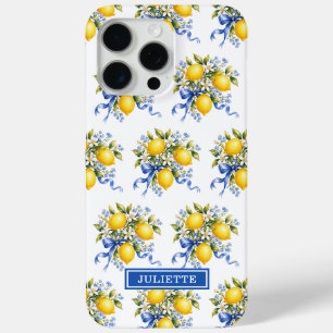 Coque iPhone 15 Pro Max Citrons à l'aquarelle avec monogramme de fleurs bl