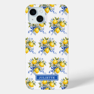 Coque iPhone 15 Mini Citrons à l'aquarelle avec monogramme de fleurs bl
