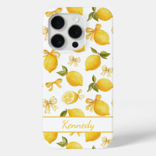 Coque iPhone 15 Pro Citrons à l'aquarelle avec rubans coquette monogra