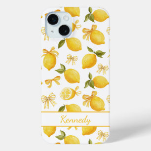 Coque iPhone 15 Mini Citrons à l'aquarelle avec rubans coquettes monogr