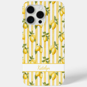 Coque iPhone 15 Pro Max Citrons à l'aquarelle sur monogramme à rayures jau