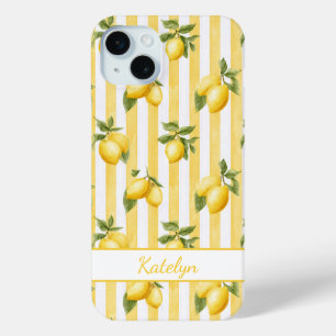 Coque iPhone 15 Mini Citrons à l'aquarelle sur monogramme à rayures jau