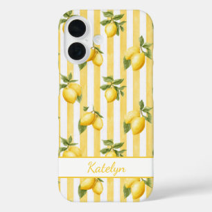 Coques iPhone 16 Citrons à l'aquarelle sur monogramme à rayures jau