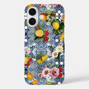 Coques iPhone 16 citrons et fleurs siciliens Carreaux vintages moti