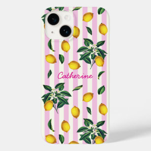 Coque Pour iPhone 14 Citrons Roses Rayures Méditerranéen Vintage Nom