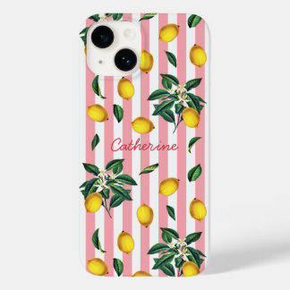Coque Pour iPhone 14 Citrons Roses Rayures Méditerranéen Vintage Nom