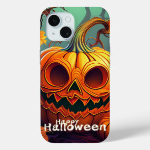 Coque Pour iPhone 15 Citrouille orange effrayante avec visage, Hallowee