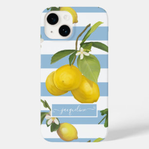 Coque Pour iPhone 14 Citrus citron vert floral Bleu blanc rayé