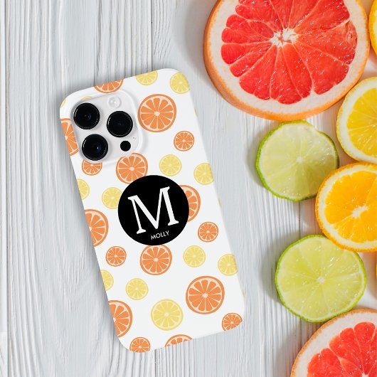 Coques Case-Mate iPhone Citrus Motif Citron orange Monogramme rond Blanc