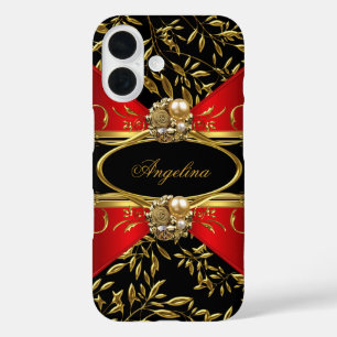 Coques iPhone 16 Classe Élégant Rouge Noir Or Damassé Joyau 2