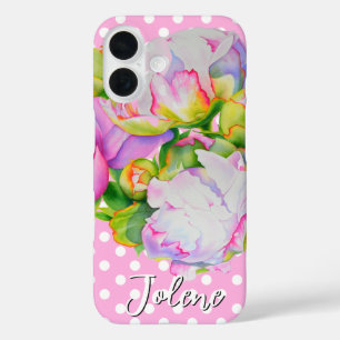 Coques iPhone 16 Classic élégant rose poony à petits pois floral