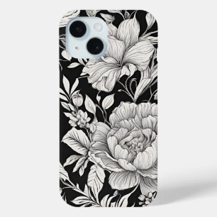Coque Pour iPhone 15 Classique Floral Vintage Noir et Blanc