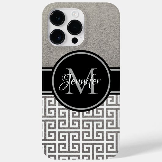 Coques Case-Mate iPhone Clé grecque monogramme noir et blanc feuille d'arg (Verso)