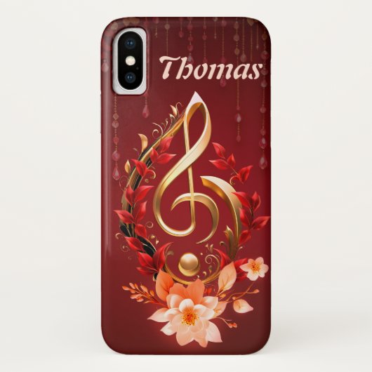 Coques Case-Mate iPhone Clé triplée dorée avec feuilles rouges. (Dos)