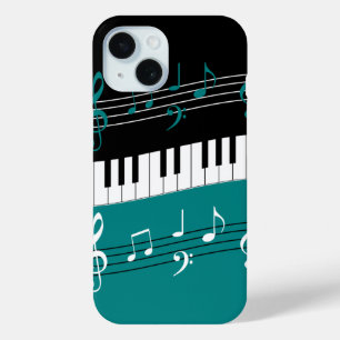 Coque Pour iPhone 15 Clés et notes de piano Turquoise noir blanc
