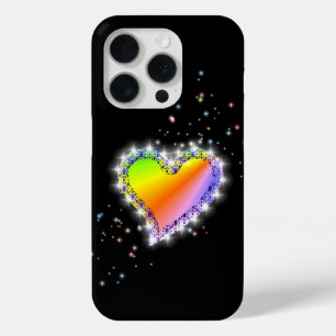 Coque iPhone 15 Pro Coeur arc-en-ciel avec étoiles sur noir