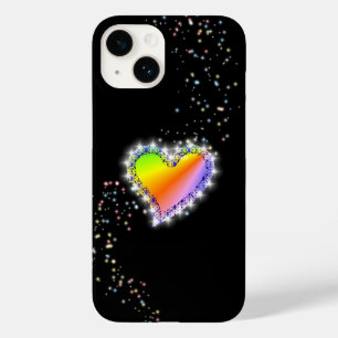 Coque Pour iPhone 14 Coeur arc-en-ciel avec étoiles sur noir