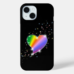 Coque Pour iPhone 15 Coeur arc-en-ciel avec étoiles sur noir