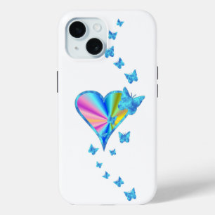 Coque Pour iPhone 15 Cœur Arc-en-ciel et Papillon