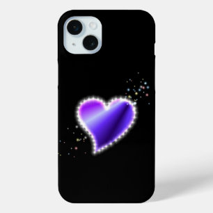 Coque iPhone 15 Mini Coeur arc-en-ciel violet avec étoiles sur noir