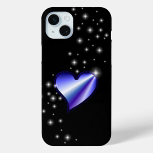 Coque iPhone 15 Mini Coeur arc-en-ciel violet avec étoiles sur noir