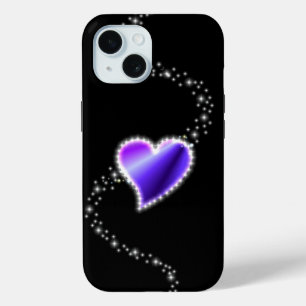 Coque Pour iPhone 15 Coeur arc-en-ciel violet avec étoiles sur noir