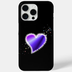 Coque iPhone 15 Pro Max Coeur arc-en-ciel violet avec étoiles sur noir