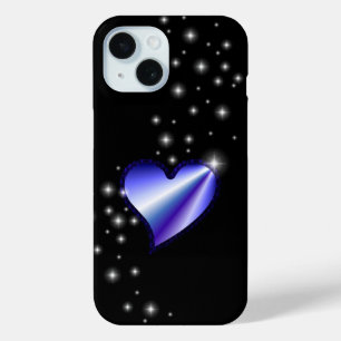 Coque Pour iPhone 15 Coeur arc-en-ciel violet avec étoiles sur noir