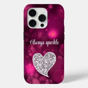 Coque iPhone 15 Pro Coeur de Parties scintillant en argent de Bokeh ro